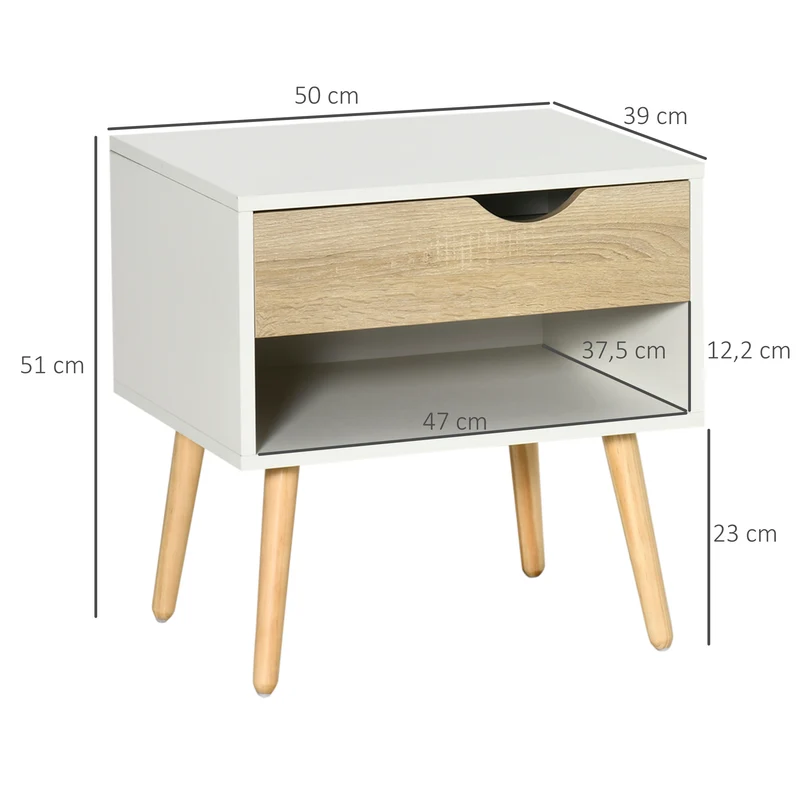 Table de chevet compacte 50 x 39 x 51 cm avec tiroir et niche scandinave minimaliste en panneau de particules blanc 21_0001465