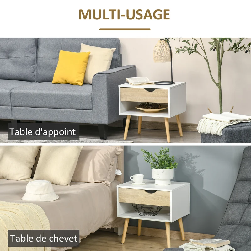 Table de chevet compacte 50 x 39 x 51 cm avec tiroir et niche scandinave minimaliste en panneau de particules blanc 21_0001465
