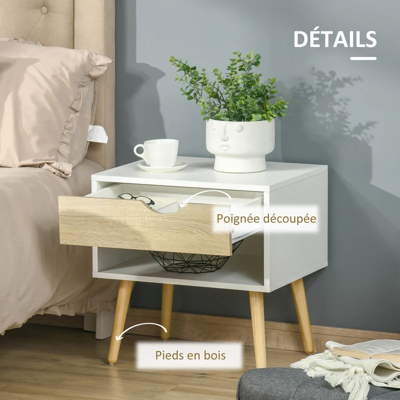 Table de chevet compacte 50 x 39 x 51 cm avec tiroir et niche scandinave minimaliste en panneau de particules blanc 21_0001465