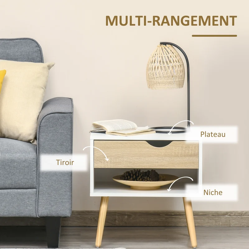 Table de chevet compacte 50 x 39 x 51 cm avec tiroir et niche scandinave minimaliste en panneau de particules blanc 21_0001465