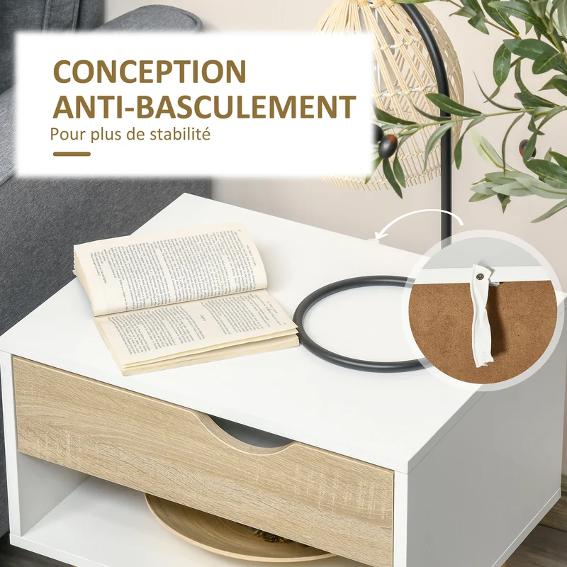 Table de chevet compacte 50 x 39 x 51 cm avec tiroir et niche scandinave minimaliste en panneau de particules blanc 21_0001465
