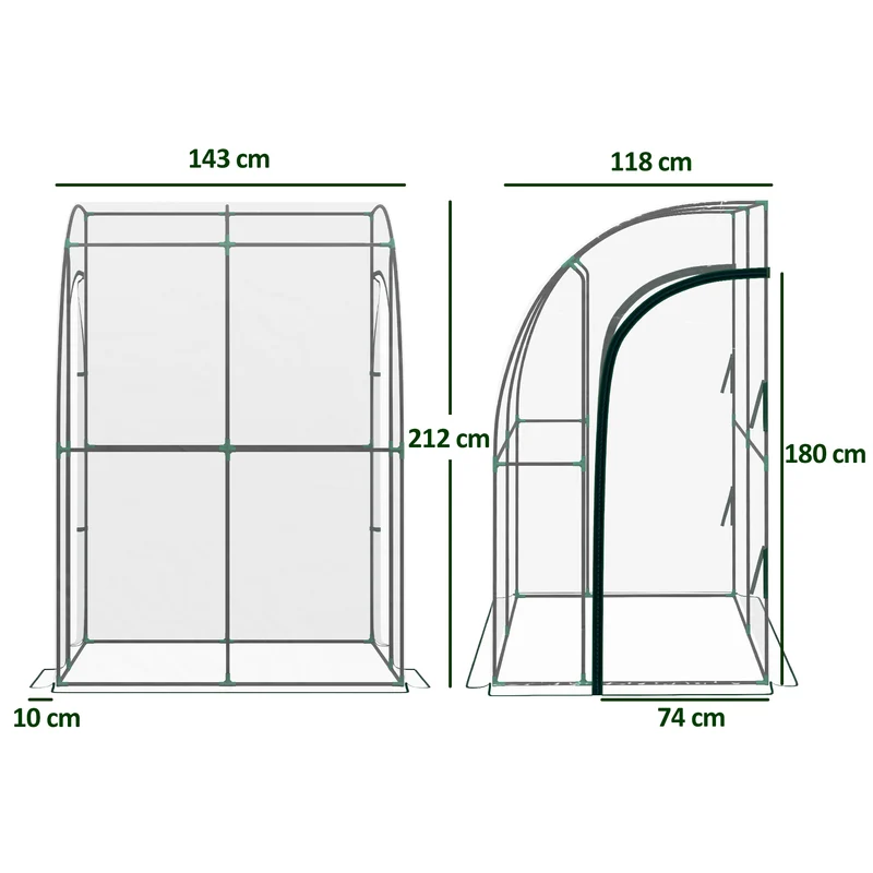 Serre adossée jardin 143 x 118 x 212 cm deux portes zippées rallonge 10 cm style contemporain moderne en PVC transparent 21_0004234