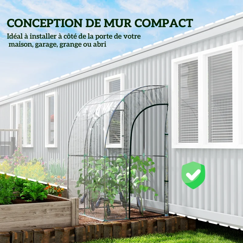 Serre adossée jardin 143 x 118 x 212 cm deux portes zippées rallonge 10 cm style contemporain moderne en PVC transparent 21_0004234