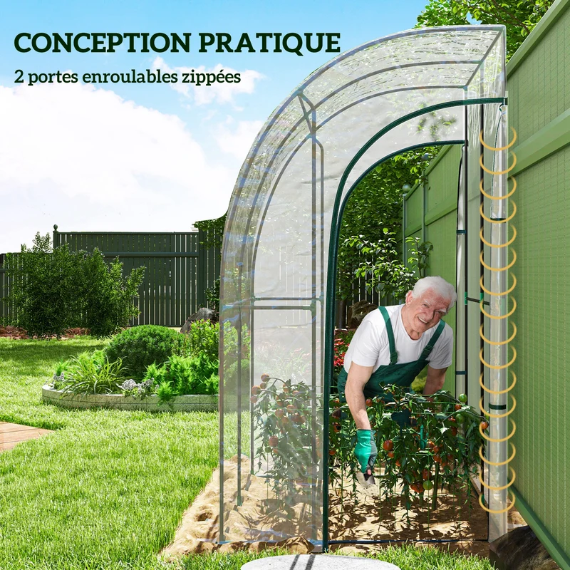 Serre adossée jardin 143 x 118 x 212 cm deux portes zippées rallonge 10 cm style contemporain moderne en PVC transparent 21_0004234