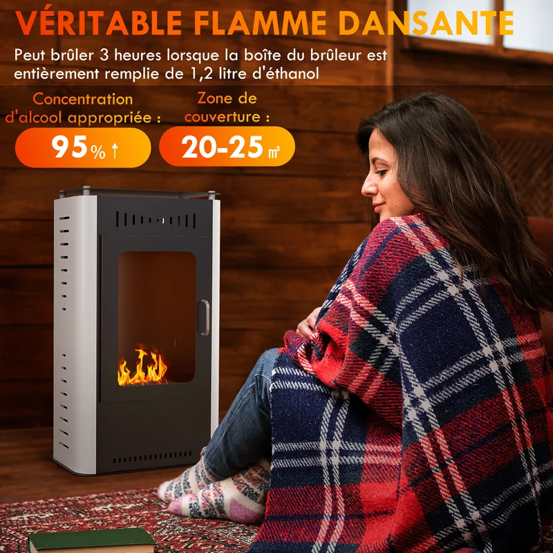 Poêle à éthanol sur pied 50 x 27 x 82 cm chauffe 20 à 25 m² durée 3h ambiance cosy contemporain en acier inoxydable noir 21_0001131