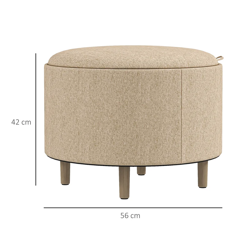 Pouf coffre rond 56 x 56 x 42 cm assise et rangement idéal pour salon contemporain scandinave en tissu polyester beige 21_0002923