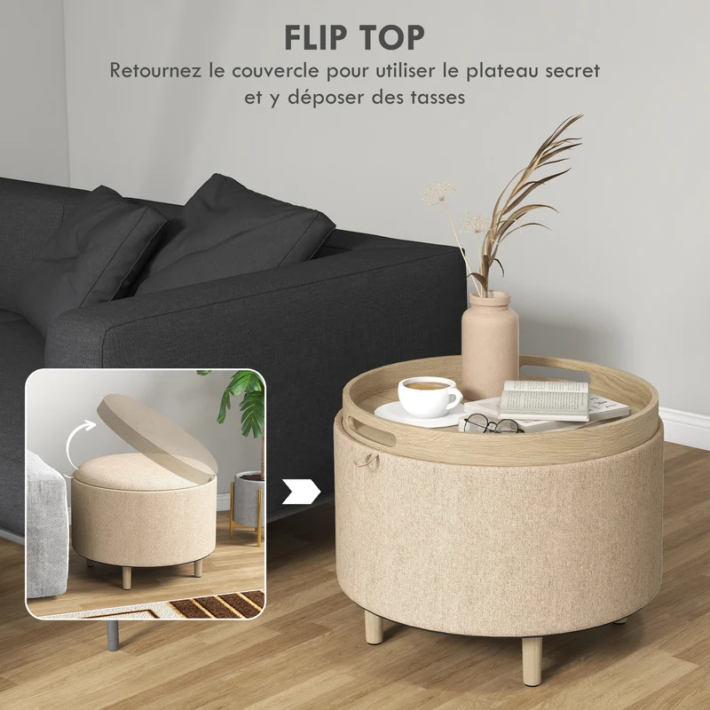 Pouf coffre rond 56 x 56 x 42 cm assise et rangement idéal pour salon contemporain scandinave en tissu polyester beige 21_0002923
