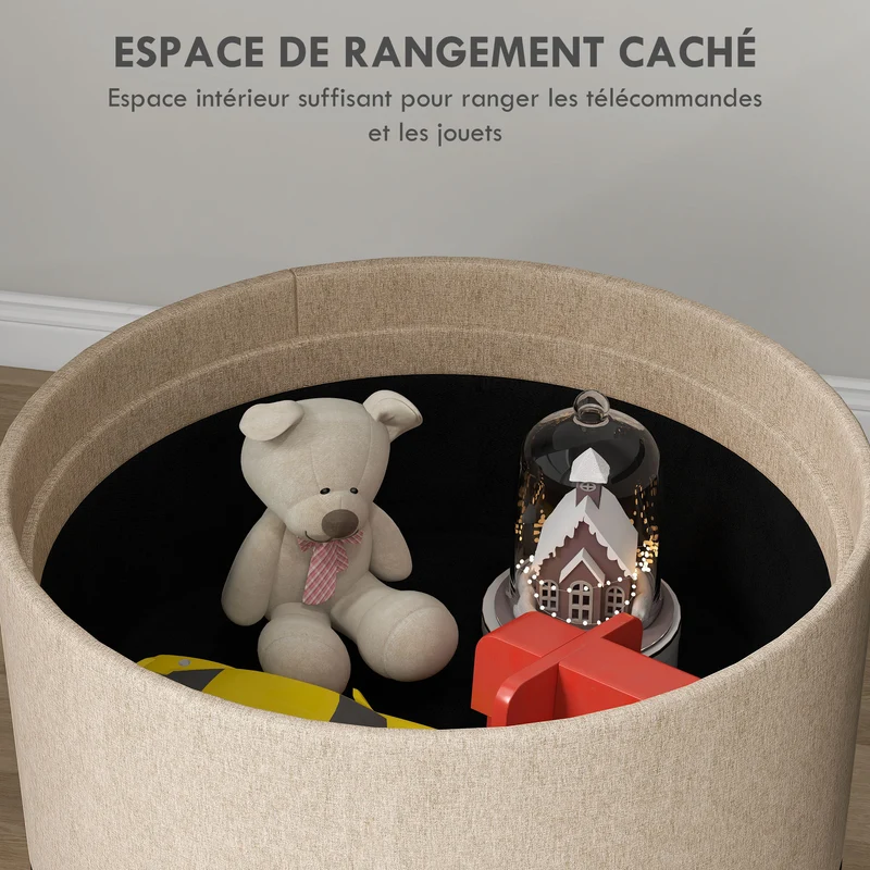 Pouf coffre rond 56 x 56 x 42 cm assise et rangement idéal pour salon contemporain scandinave en tissu polyester beige 21_0002923