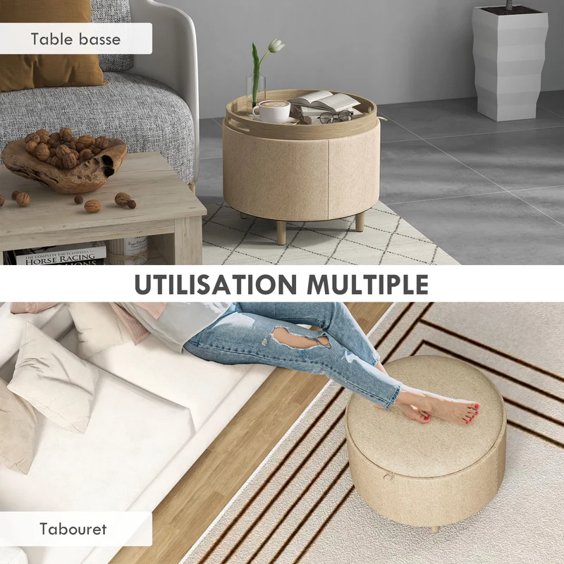 Pouf coffre rond 56 x 56 x 42 cm assise et rangement idéal pour salon contemporain scandinave en tissu polyester beige 21_0002923