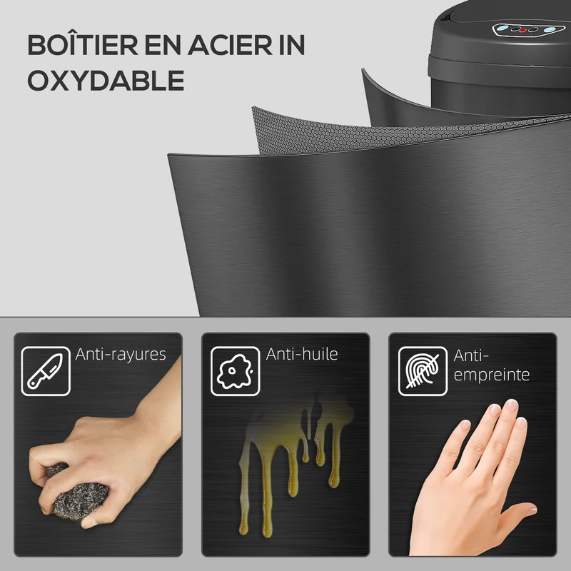 Poubelle de cuisine automatique 30,5 x 30,5 x 68 cm ouverture mains libres fermeture douce moderne épuré en acier noir 21_0005923
