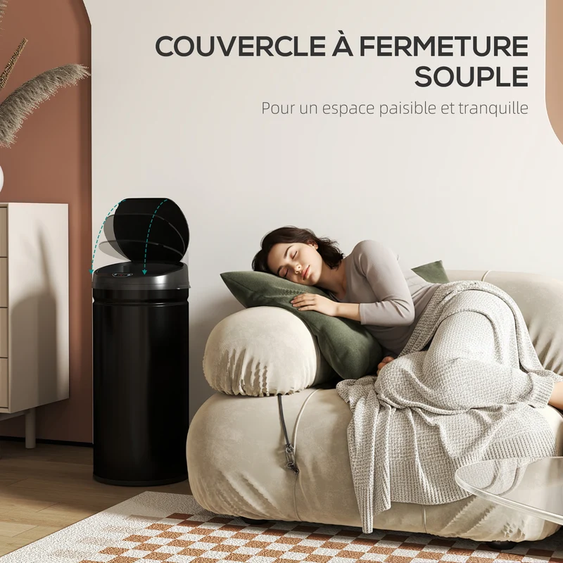 Poubelle de cuisine automatique 30,5 x 30,5 x 68 cm ouverture mains libres fermeture douce moderne épuré en acier noir 21_0005923