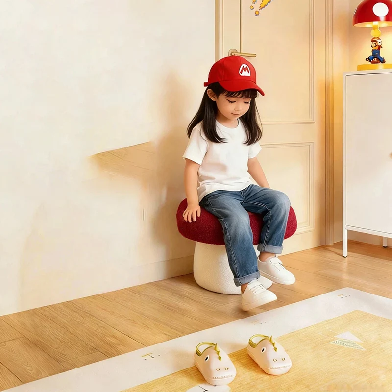 Modern Art Deco Velvet Fabric Molded Cotton Metal Mushroom Kids Low Stool Backless Armless For Entryway & Hallway