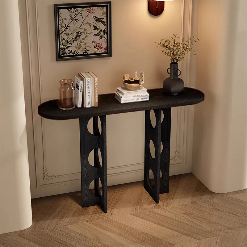 Traditional Vintage Pine Wood Oval Hollow-Out Console Table 1-Tier For Entryway & Hallway