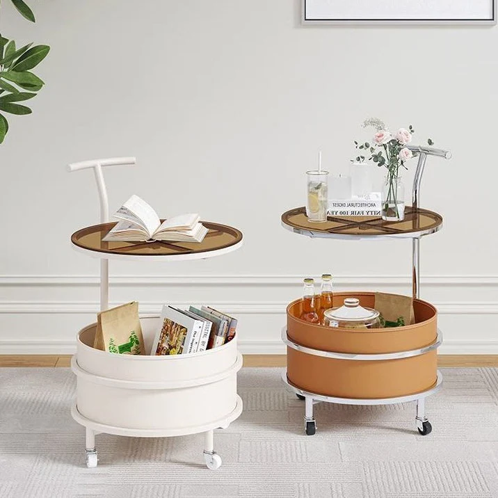 Modern Minimalist Cream Removable Round Glass Stainless Steel Iron End Table 2-Tier For Living Room
