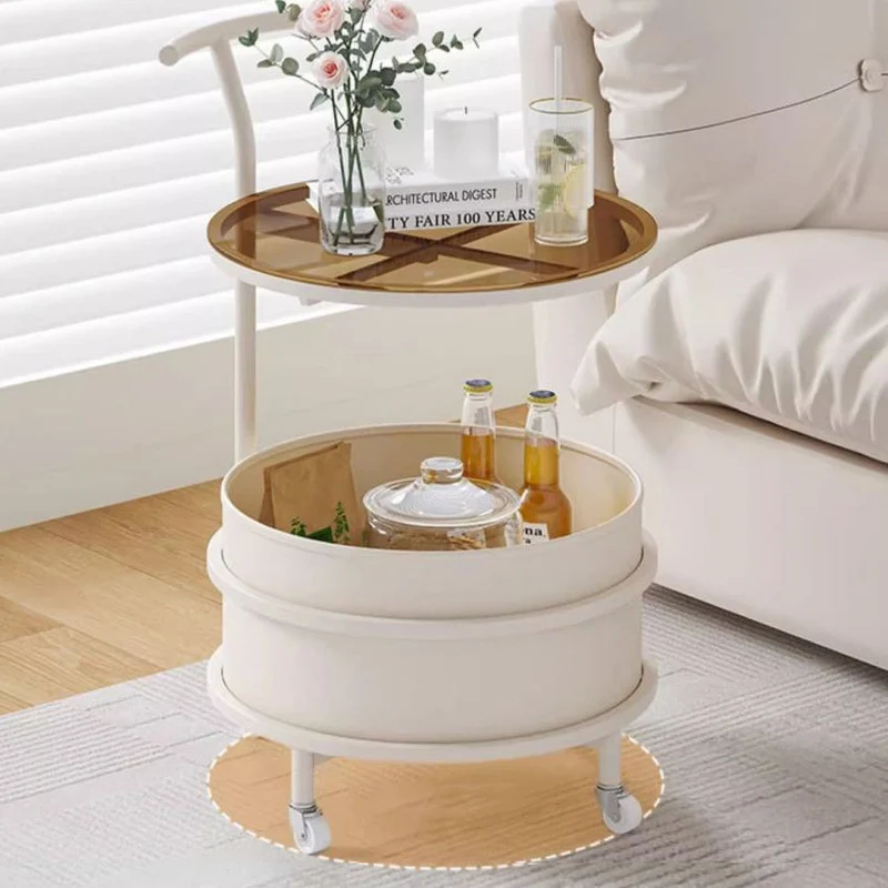 Modern Minimalist Cream Removable Round Glass Stainless Steel Iron End Table 2-Tier For Living Room