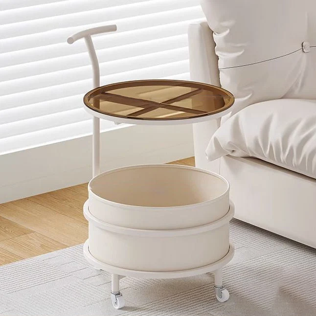 Modern Minimalist Cream Removable Round Glass Stainless Steel Iron End Table 2-Tier For Living Room