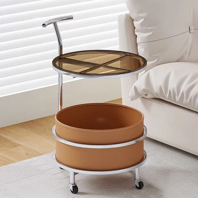 Modern Minimalist Cream Removable Round Glass Stainless Steel Iron End Table 2-Tier For Living Room
