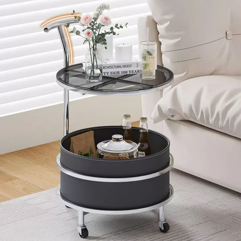 Modern Minimalist Cream Removable Round Glass Stainless Steel Iron End Table 2-Tier For Living Room