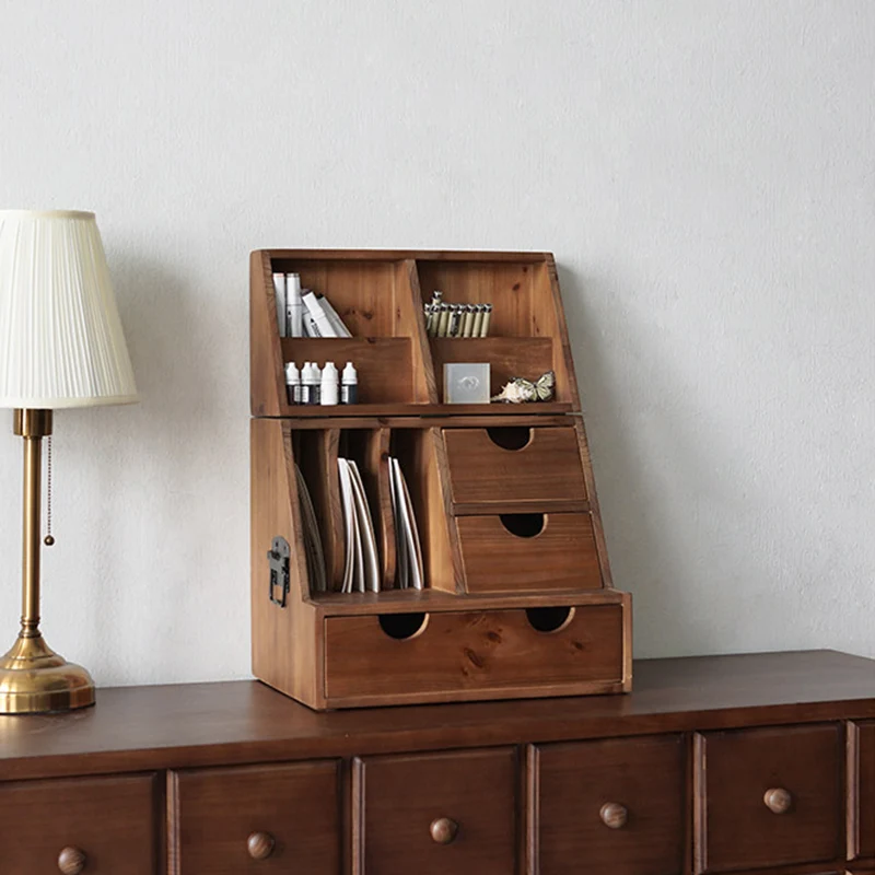 Contemporary Retro Cedar Wood Plywood Rectangular Foldable Desktop Storage Shelf 4-Drawer For Living Room & Bedroom