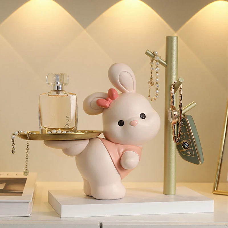 Contemporary Creative Resin MDF Stainless Steel Lucky Cat-shaped Rabbit-shaped Table Decor With Tray For Entryway & Living Room