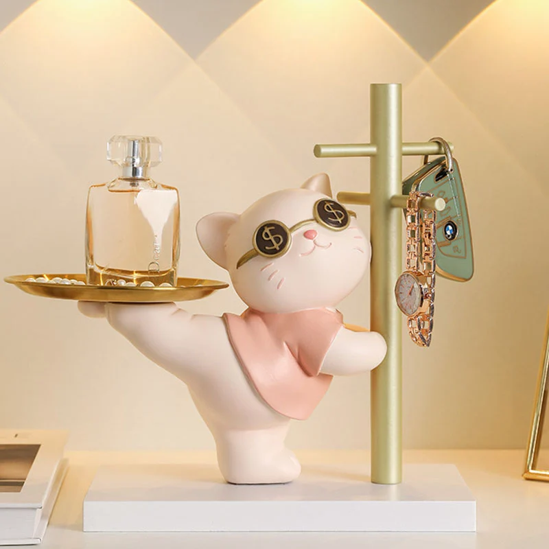 Contemporary Creative Resin MDF Stainless Steel Lucky Cat-shaped Rabbit-shaped Table Decor With Tray For Entryway & Living Room