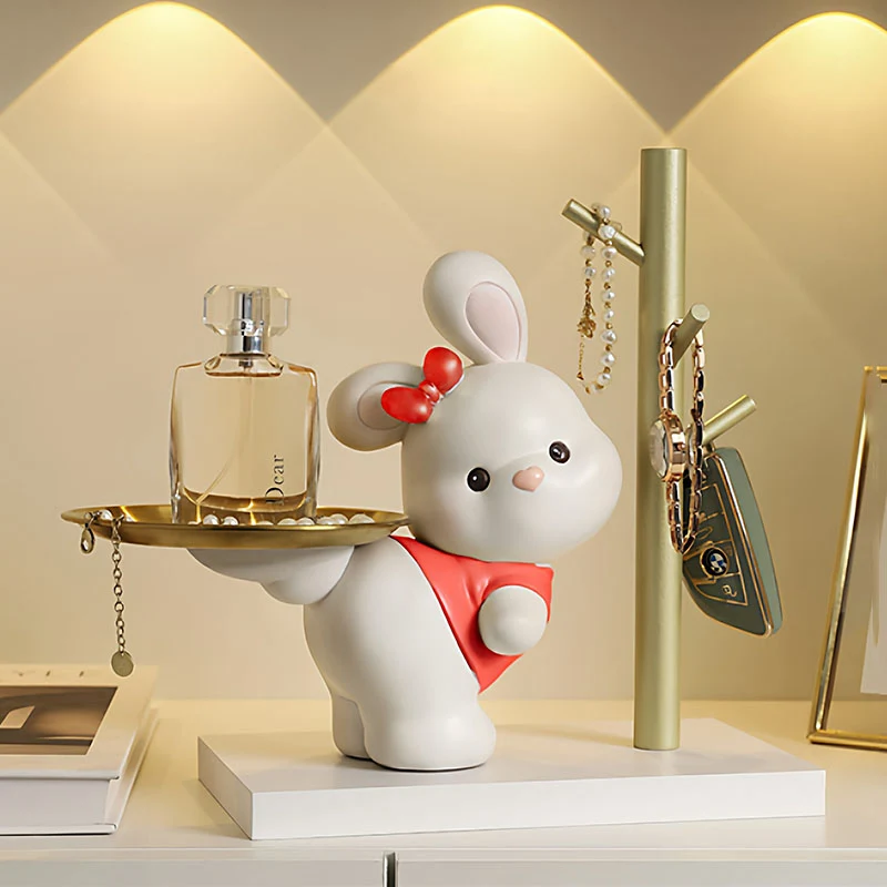 Contemporary Creative Resin MDF Stainless Steel Lucky Cat-shaped Rabbit-shaped Table Decor With Tray For Entryway & Living Room