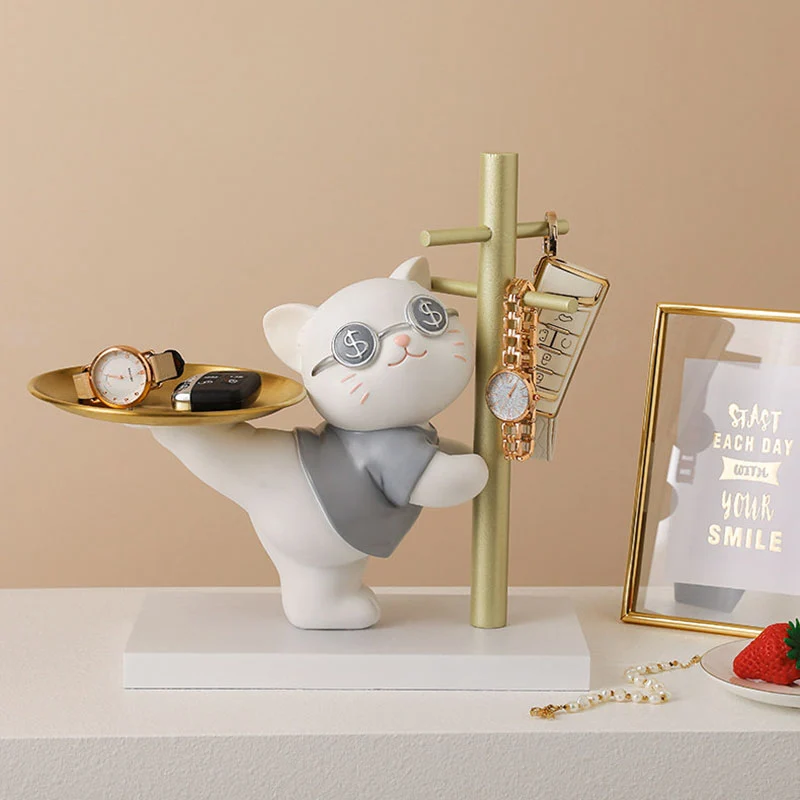 Contemporary Creative Resin MDF Stainless Steel Lucky Cat-shaped Rabbit-shaped Table Decor With Tray For Entryway & Living Room