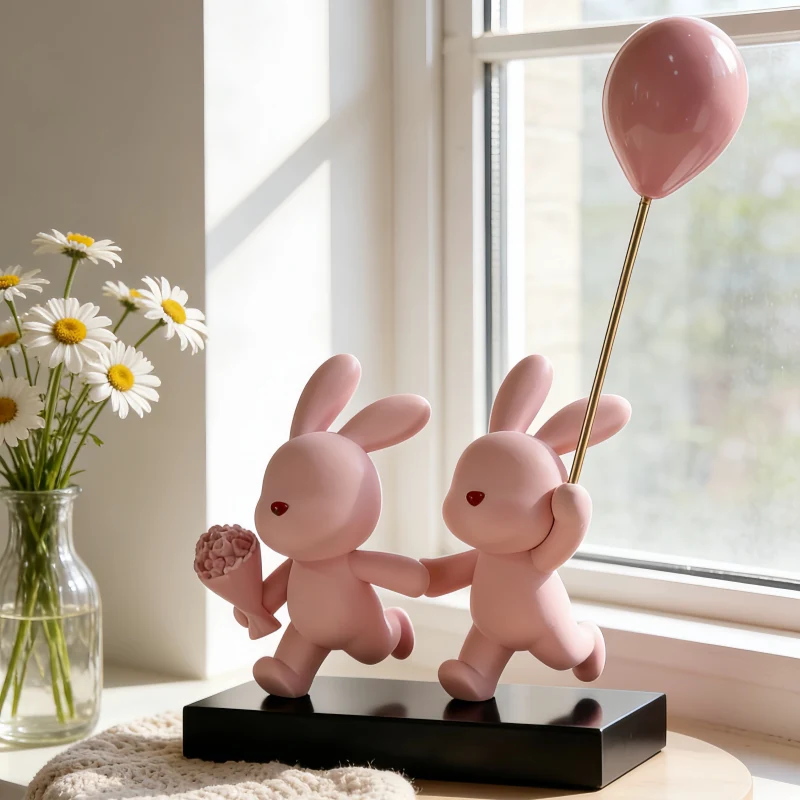 Contemporary Creative Resin Flocked Pink Rabbit-shaped Table Decor For Living Room & Bedroom