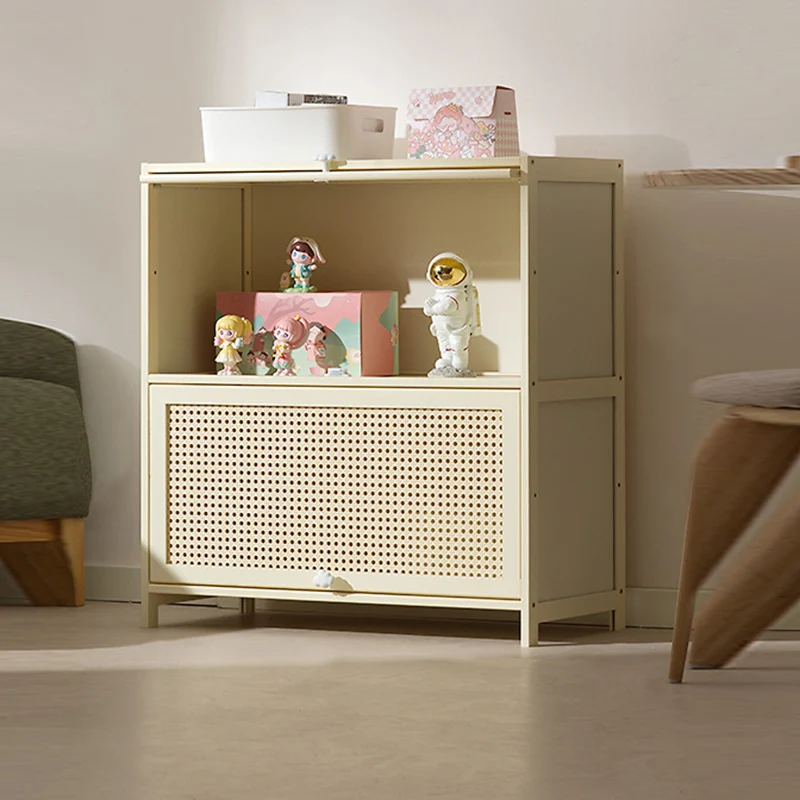 Modern Simplicity Bamboo MDF Rectangular White Storage Shelf Cabinet With Rattan Flip Door 2-5 Tier For Living Room & Office