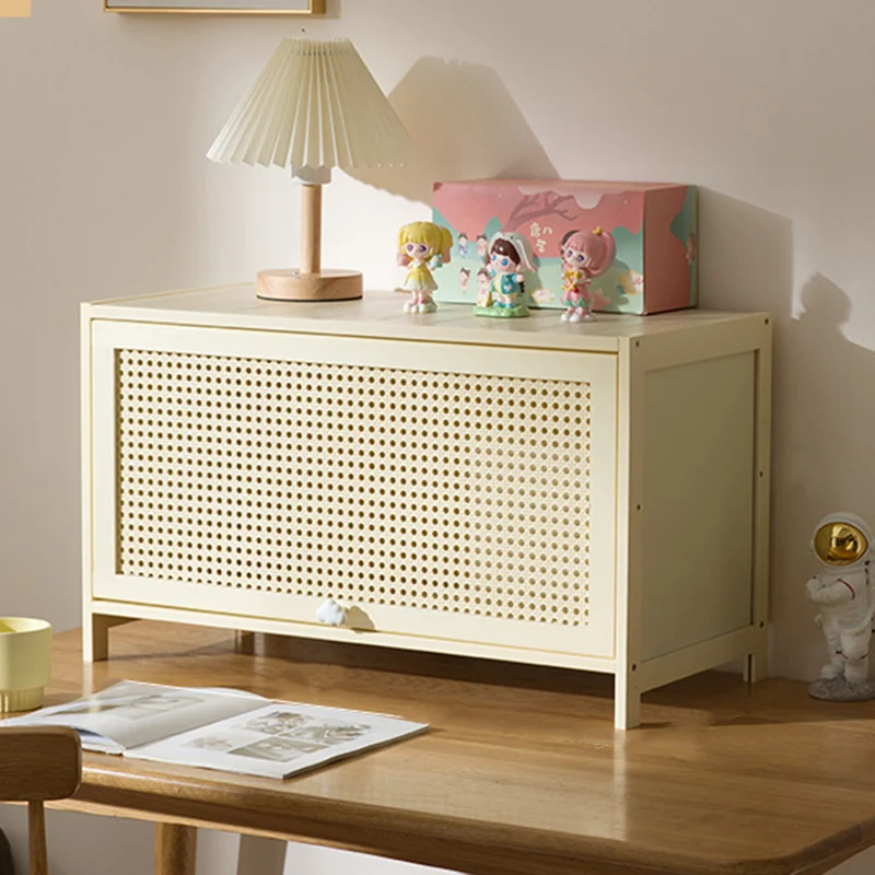 Modern Simplicity Bamboo MDF Rectangular White Storage Shelf Cabinet With Rattan Flip Door 2-5 Tier For Living Room & Office