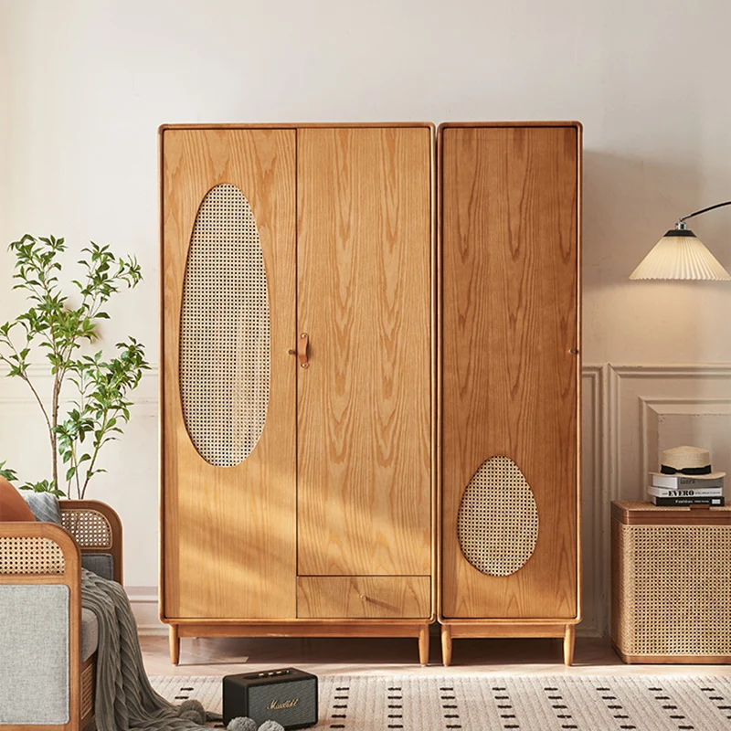 Contemporary Nordic Ash Wood & Plywood Rectangular Minimalist Wardrobe Closet Cabinet With Rattan Doors Space Saving Storage For Bedroom