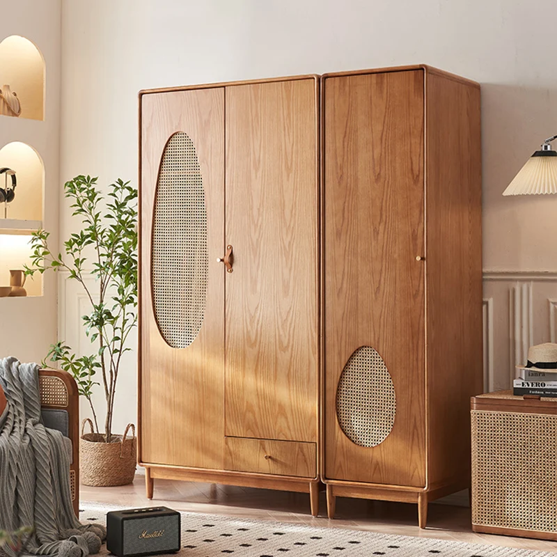 Contemporary Nordic Ash Wood & Plywood Rectangular Minimalist Wardrobe Closet Cabinet With Rattan Doors Space Saving Storage For Bedroom