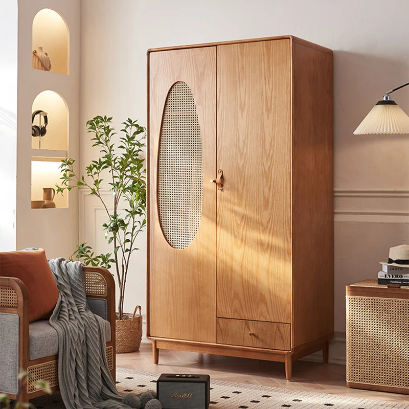 Contemporary Nordic Ash Wood & Plywood Rectangular Minimalist Wardrobe Closet Cabinet With Rattan Doors Space Saving Storage For Bedroom