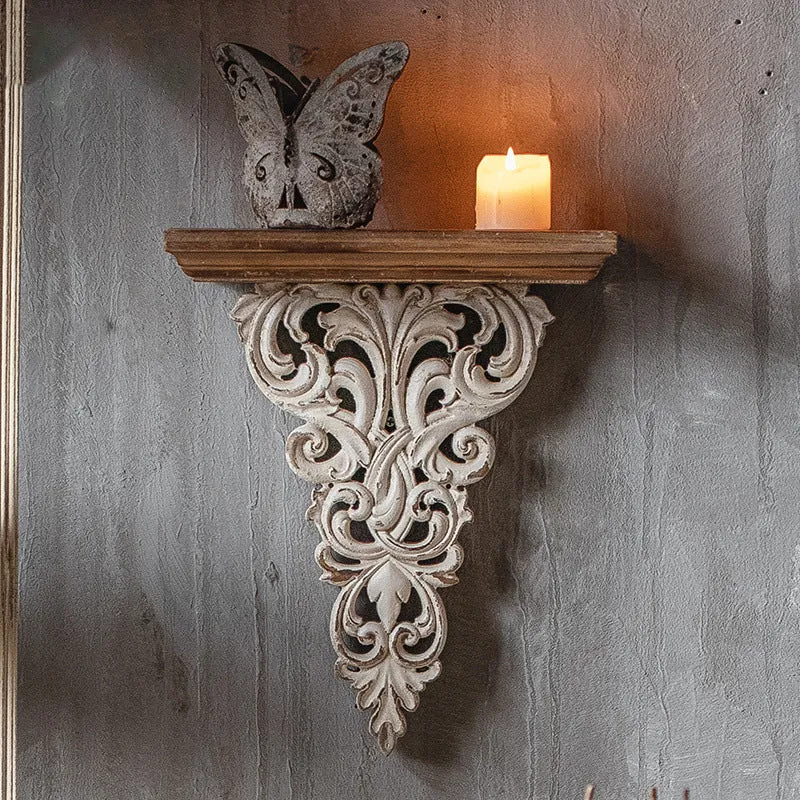 Traditional French MDF Distressed Hollow-Carved Beige & Brown Wooden Wall-Mounted Racks, Room Storage Shelf For Living Room