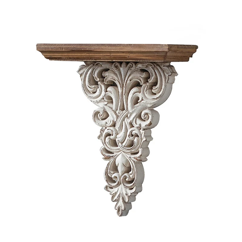 Traditional French MDF Distressed Hollow-Carved Beige & Brown Wooden Wall-Mounted Racks, Room Storage Shelf For Living Room