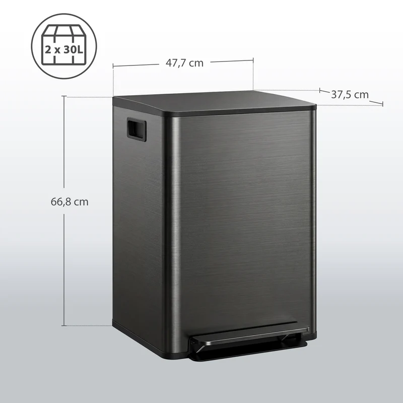 Poubelle de cuisine 2 compartiments 47,7 x 37,5 x 66,8 cm tri séparé fermeture douce épuré en acier inoxydable noir 21_0005916