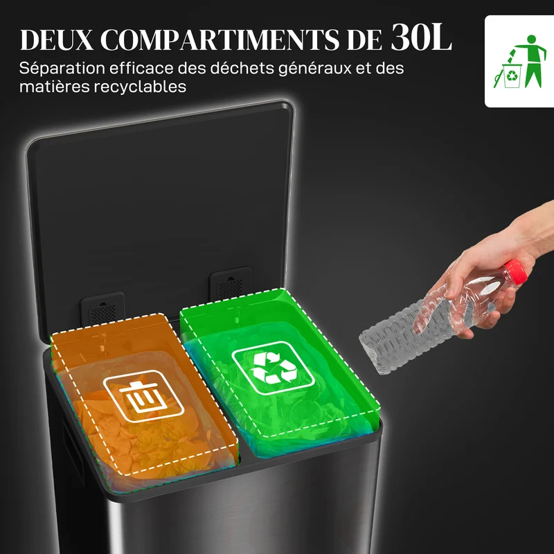 Poubelle de cuisine 2 compartiments 47,7 x 37,5 x 66,8 cm tri séparé fermeture douce épuré en acier inoxydable noir 21_0005916