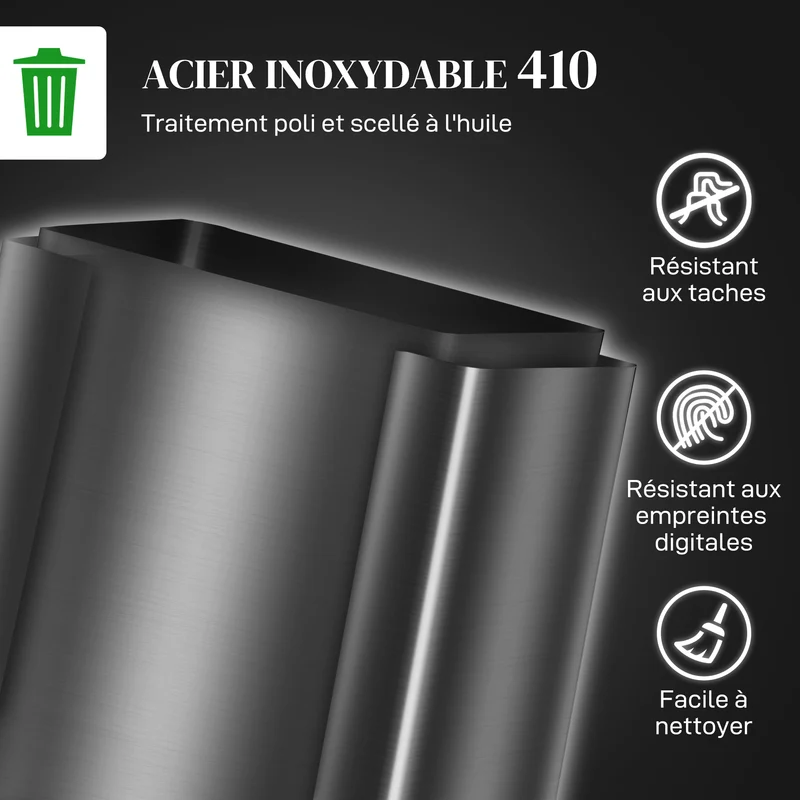 Poubelle de cuisine 2 compartiments 47,7 x 37,5 x 66,8 cm tri séparé fermeture douce épuré en acier inoxydable noir 21_0005916