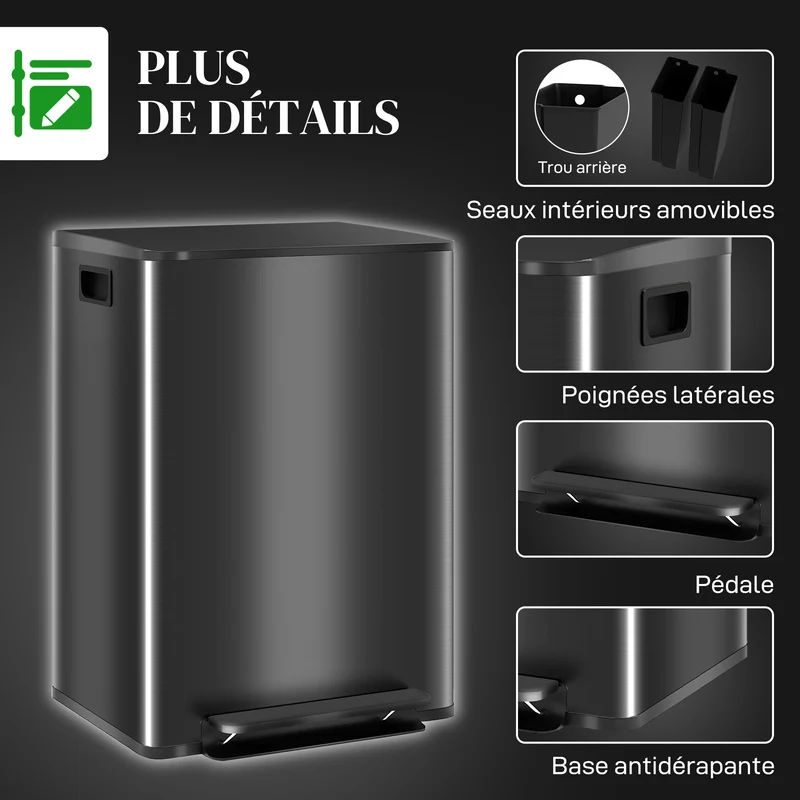 Poubelle de cuisine 2 compartiments 47,7 x 37,5 x 66,8 cm tri séparé fermeture douce épuré en acier inoxydable noir 21_0005916