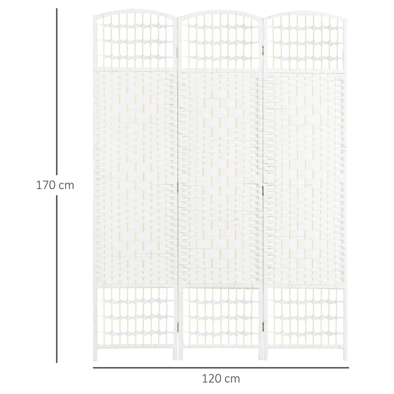 Paravent séparateur de pièce pliable 3 panneaux 120 x 170 cm intimité mobile contemporain tissé en bois massif blanc 21_0001275
