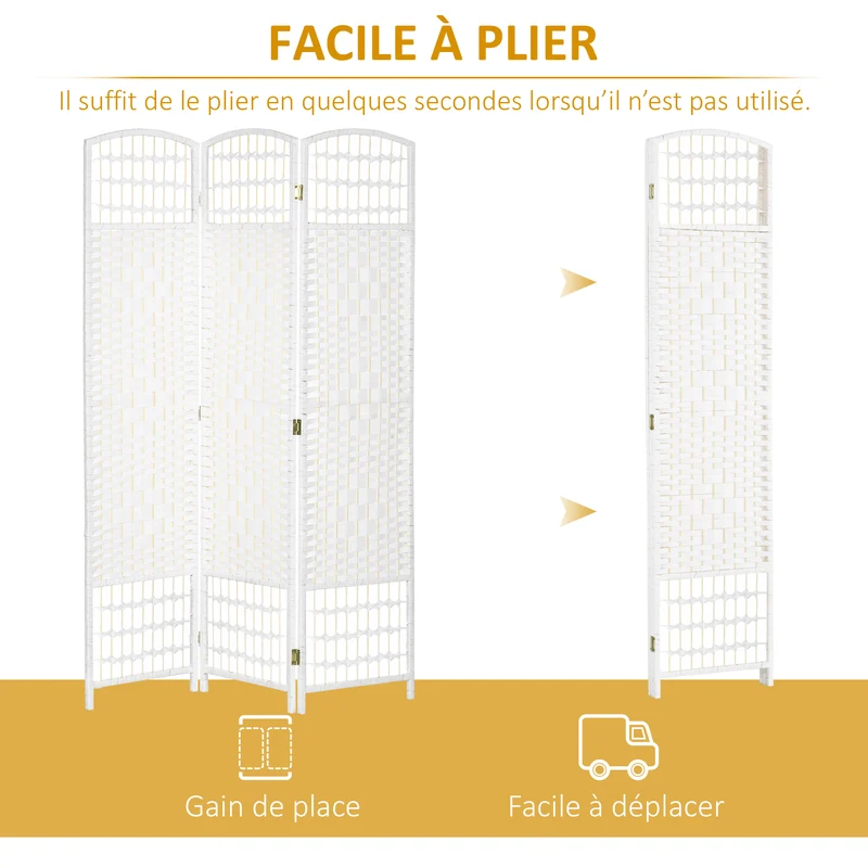 Paravent séparateur de pièce pliable 3 panneaux 120 x 170 cm intimité mobile contemporain tissé en bois massif blanc 21_0001275
