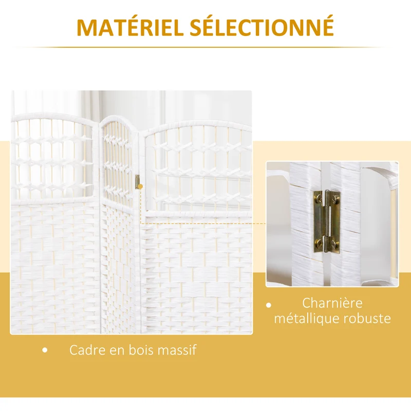 Paravent séparateur de pièce pliable 3 panneaux 120 x 170 cm intimité mobile contemporain tissé en bois massif blanc 21_0001275