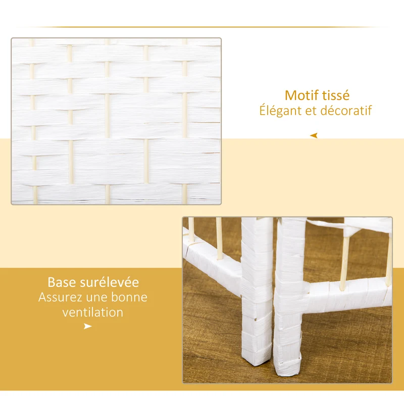 Paravent séparateur de pièce pliable 3 panneaux 120 x 170 cm intimité mobile contemporain tissé en bois massif blanc 21_0001275