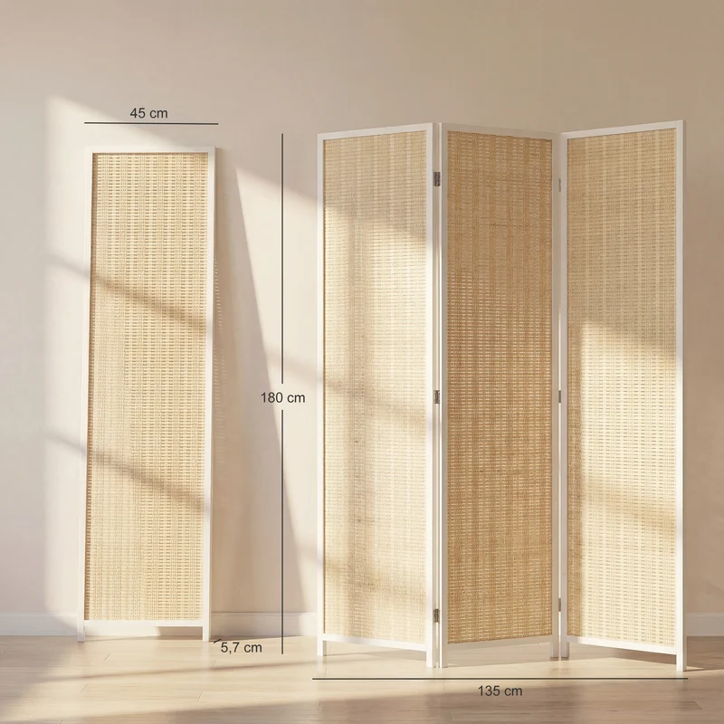 Paravent séparateur de pièce 3 panneaux pliable 135 x 180 x 1,7 cm autoportant intimité style scandinave en bambou blanc 21_0001269