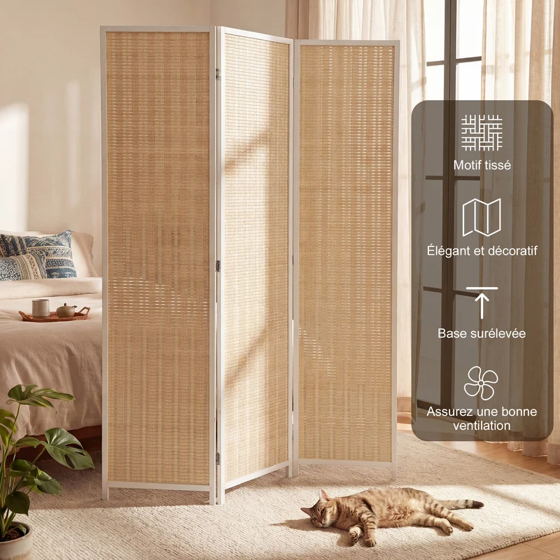 Paravent séparateur de pièce 3 panneaux pliable 135 x 180 x 1,7 cm autoportant intimité style scandinave en bambou blanc 21_0001269