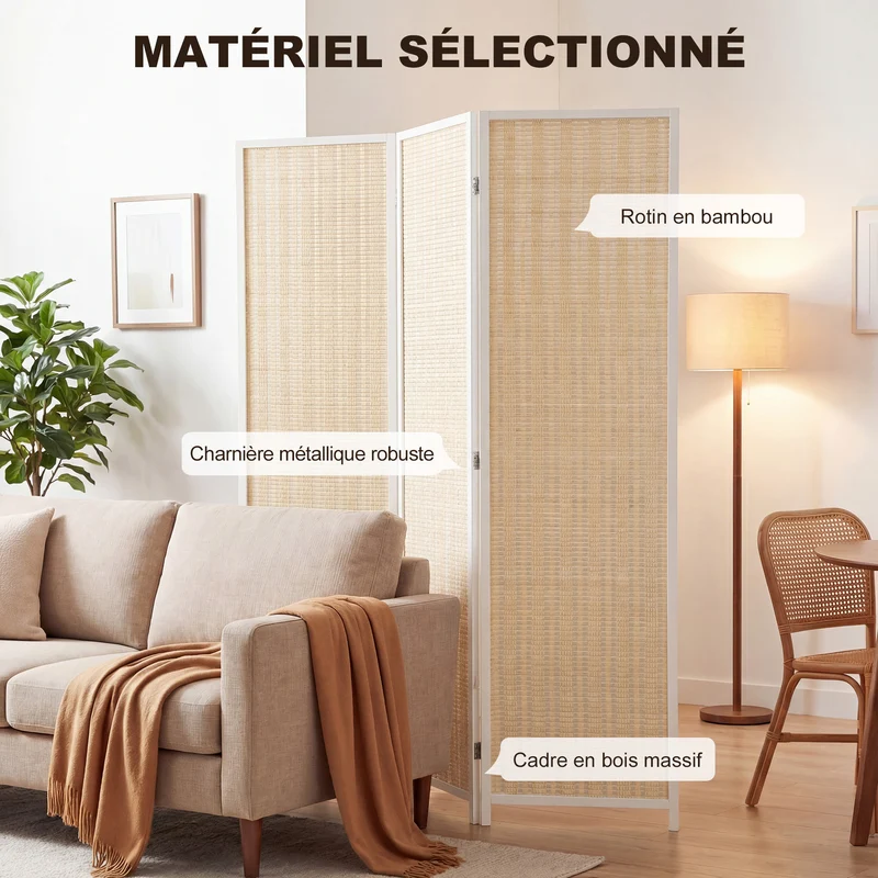 Paravent séparateur de pièce 3 panneaux pliable 135 x 180 x 1,7 cm autoportant intimité style scandinave en bambou blanc 21_0001269
