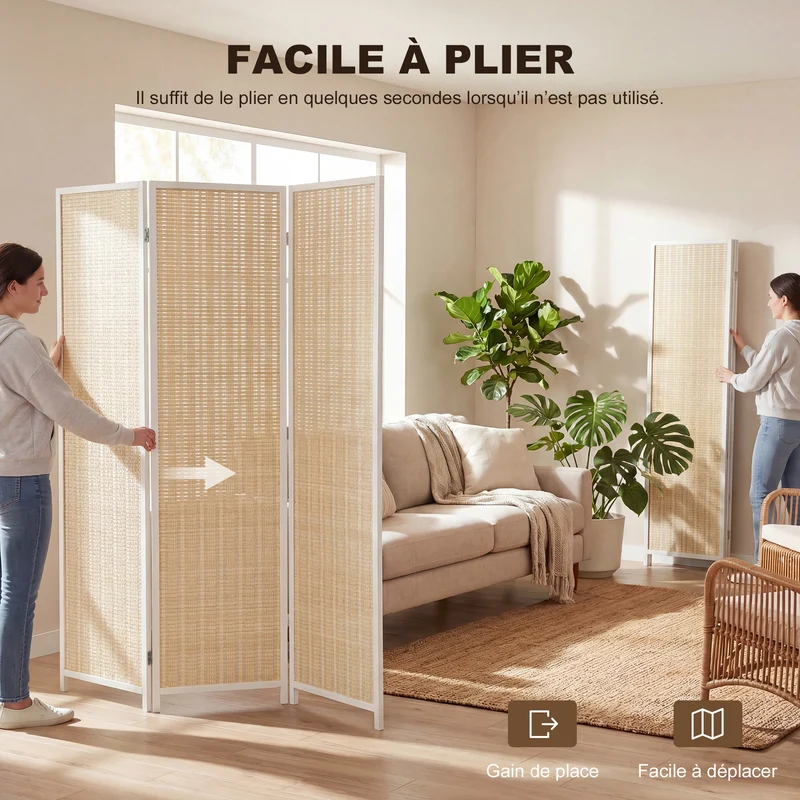 Paravent séparateur de pièce 3 panneaux pliable 135 x 180 x 1,7 cm autoportant intimité style scandinave en bambou blanc 21_0001269
