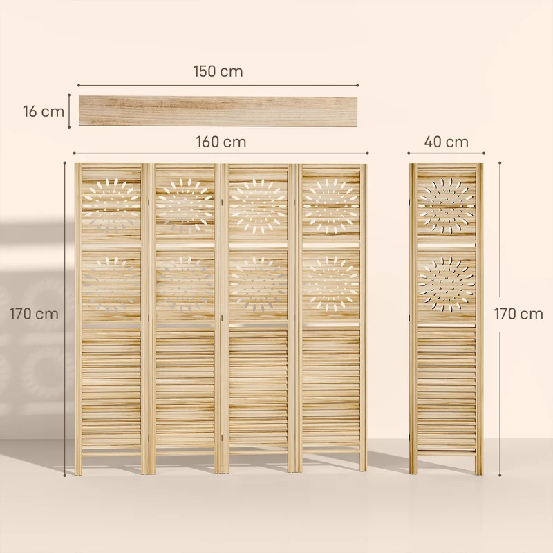 Paravent intérieur 4 panneaux ajouré 160 x 170 cm étagères intégrées intimité cosy rustique en bois de paulownia naturel 21_0003719
