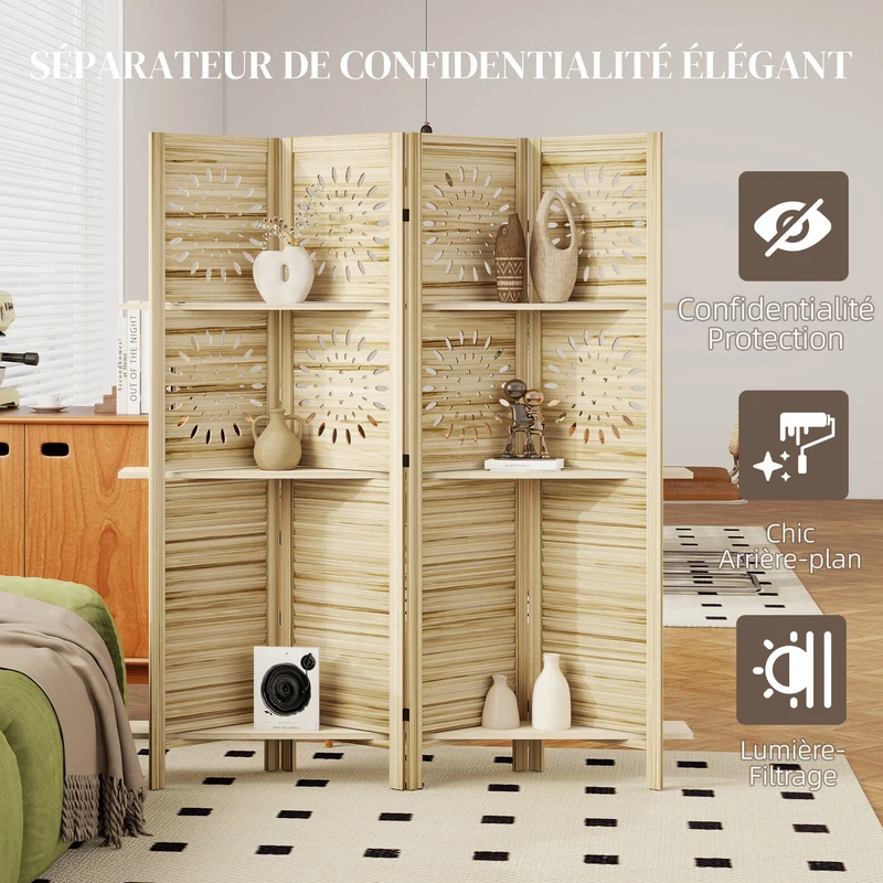 Paravent intérieur 4 panneaux ajouré 160 x 170 cm étagères intégrées intimité cosy rustique en bois de paulownia naturel 21_0003719