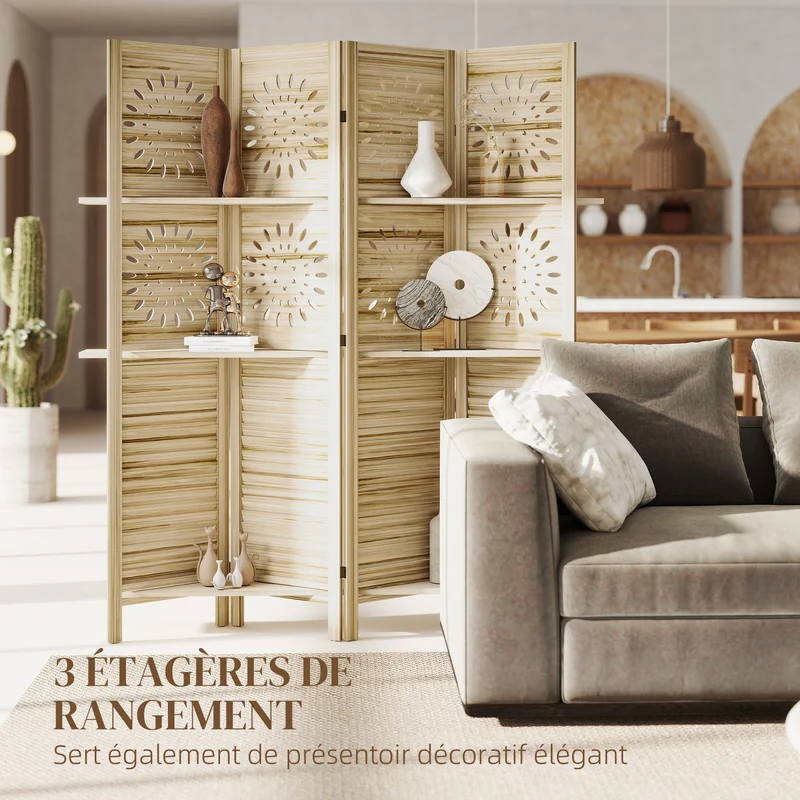 Paravent intérieur 4 panneaux ajouré 160 x 170 cm étagères intégrées intimité cosy rustique en bois de paulownia naturel 21_0003719